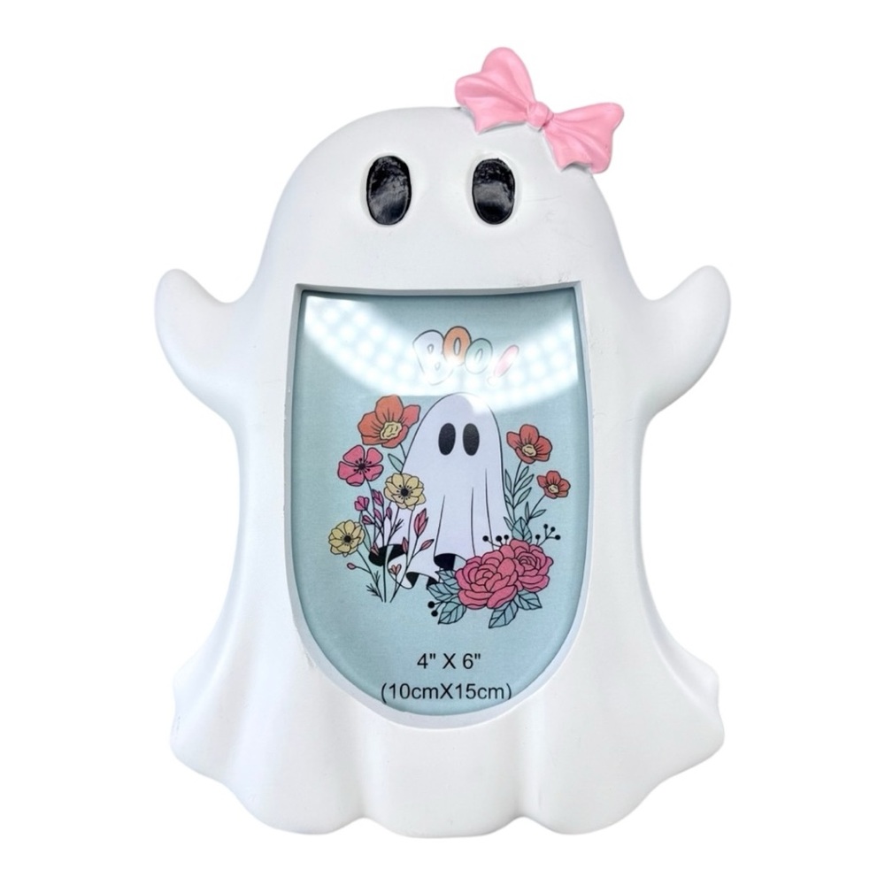 Pink Bow Ghost Halloween Coquette Picture Frame Decor